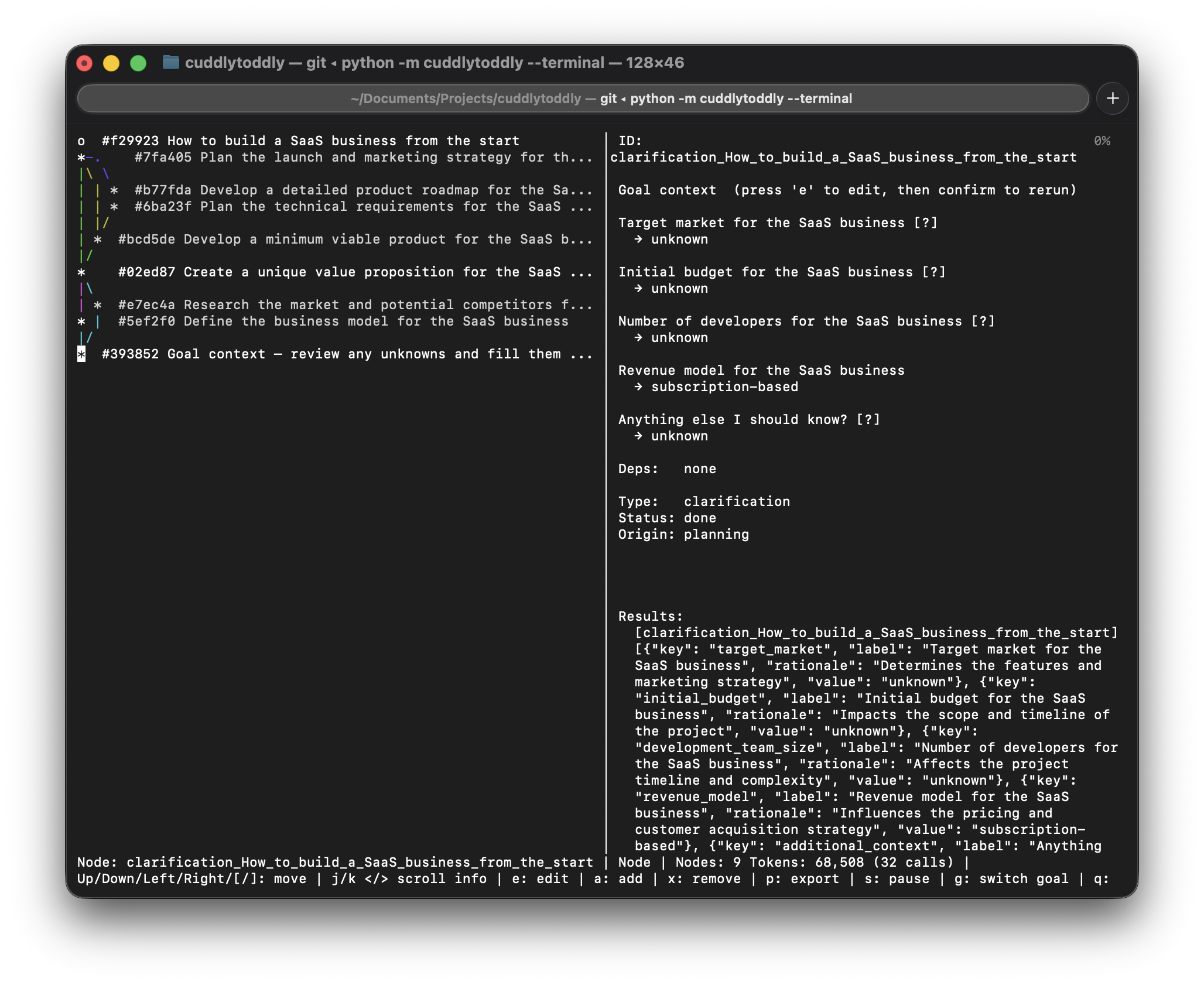cuddlytoddly terminal UI showing the same SaaS business plan executing step by step