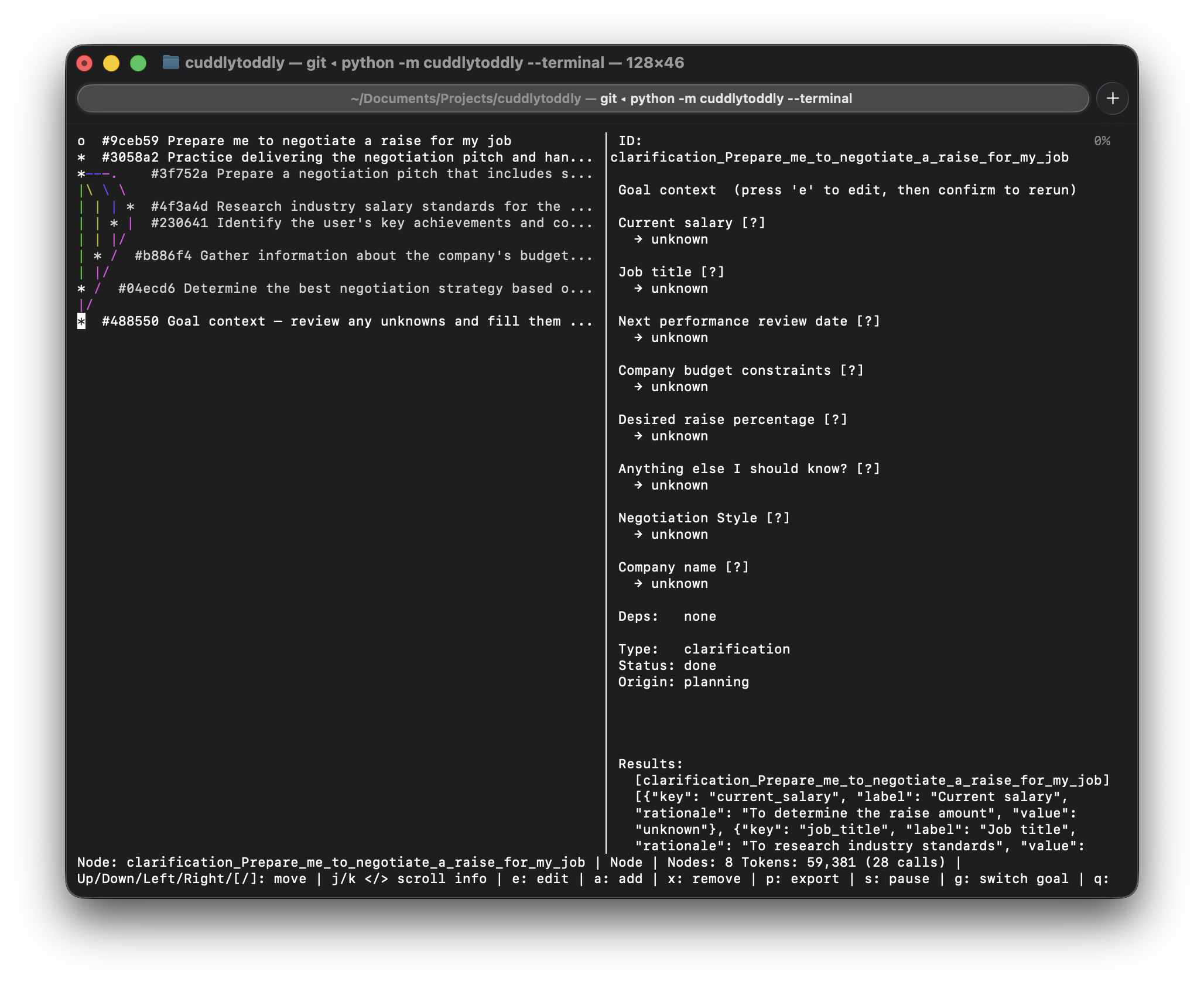 cuddlytoddly terminal UI showing the raise negotiation plan executing